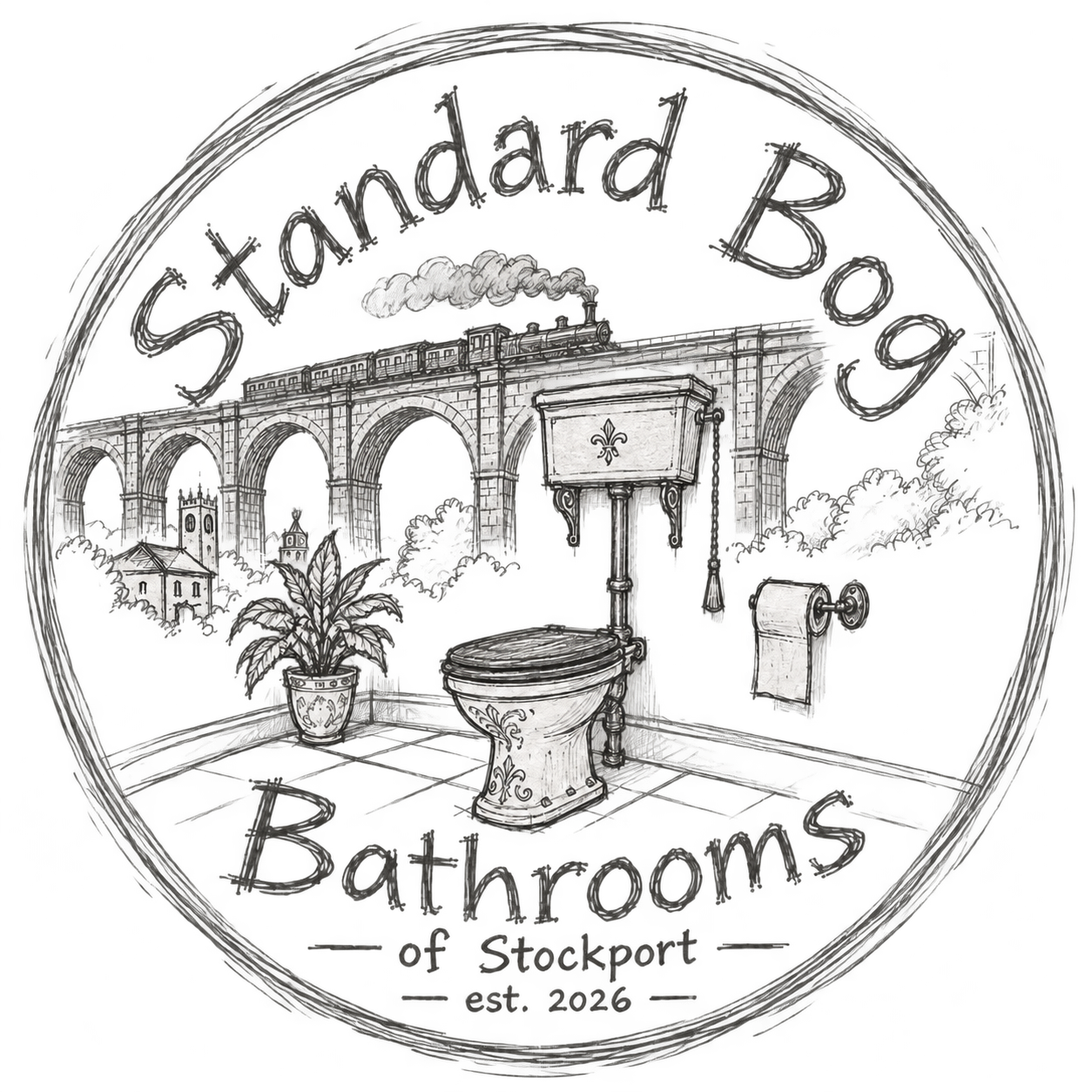 Hand-drawn emblem of a Victorian loo beneath Stockport’s viaduct and a steam train.